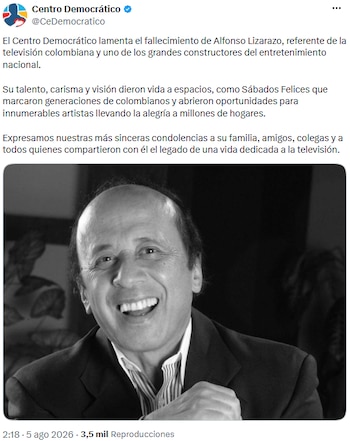 Centro Democrático rindió homenaje a Alfonso Lizarazo como pilar del entretenimiento colombiano - crédito @CeDemocratico/X