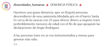 La Fundación Las Libertarias denunció que personas en una camioneta blindada habrían buscado a mujeres trans en el barrio Santa Fe para que respaldaran las declaraciones de Angie Rodríguez. - crédito @diversidades_humanas/Instagram