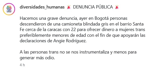 La Fundación Las Libertarias denunció que personas en una camioneta blindada habrían buscado a mujeres trans en el barrio Santa Fe para que respaldaran las declaraciones de Angie Rodríguez. - crédito @diversidades_humanas/Instagram