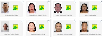 Ocho recuadros muestran fotos de perfil de candidatos políticos: cuatro hombres y cuatro mujeres. Cada foto está junto a un logo verde de un perro sobre un fondo amarillo