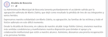 La cifra de fallecidos incrementó conforme pasaron las horas y las autoridades lo reportaron a la comunidad (Alcaldía de Bosconia/Facebook)