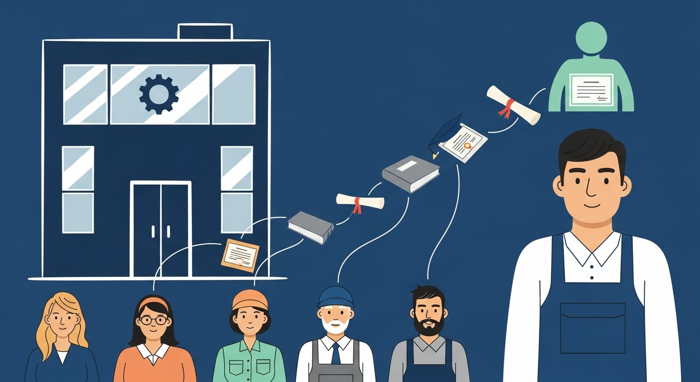 Una ilustración conceptual muestra a diversos empleados conectados por líneas de conocimiento, diplomas y libros a un edificio que simboliza la empresa, enfatizando la importancia de la formación continua y la colaboración para el crecimiento mutuo. (Imagen Ilustrativa Infobae)
