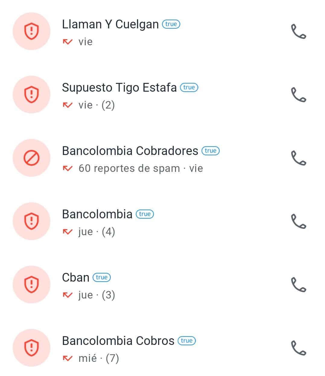 Registro de llamadas aleatorias a una persona promedio en Bogotá por medio de la aplicación para identificar llamadas en dispositivos Android y iOS, Truecaller - crédito captura de pantalla Truecaller