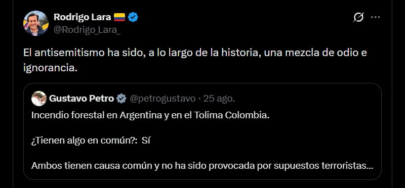Rodrigo Lara respondió a las afirmaciones de Gustavo Petro, expresidente de Colombia, quien negó que los incendios en Tolima sean resultado de acciones de “terroristas de izquierda” - crédito @Rodrigo_Lara_/X