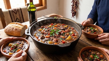 Guiso de porotos negros humeante en una olla de hierro fundido sobre mesa de madera, con cuencos de guiso, pan, botella de vino y manos.