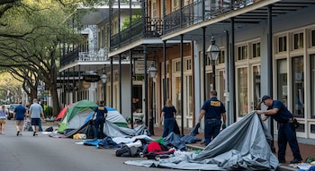 Trabajadores municipales desmantelan tiendas de campaña y pertenencias en una calle de Savannah con edificios históricos y árboles frondosos; turistas caminan cerca.