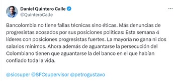 El exalcalde de Medellín aseguró que Bancolombia está ejerciendo presión contra cuatro de sus funcionarios - crédito red social X