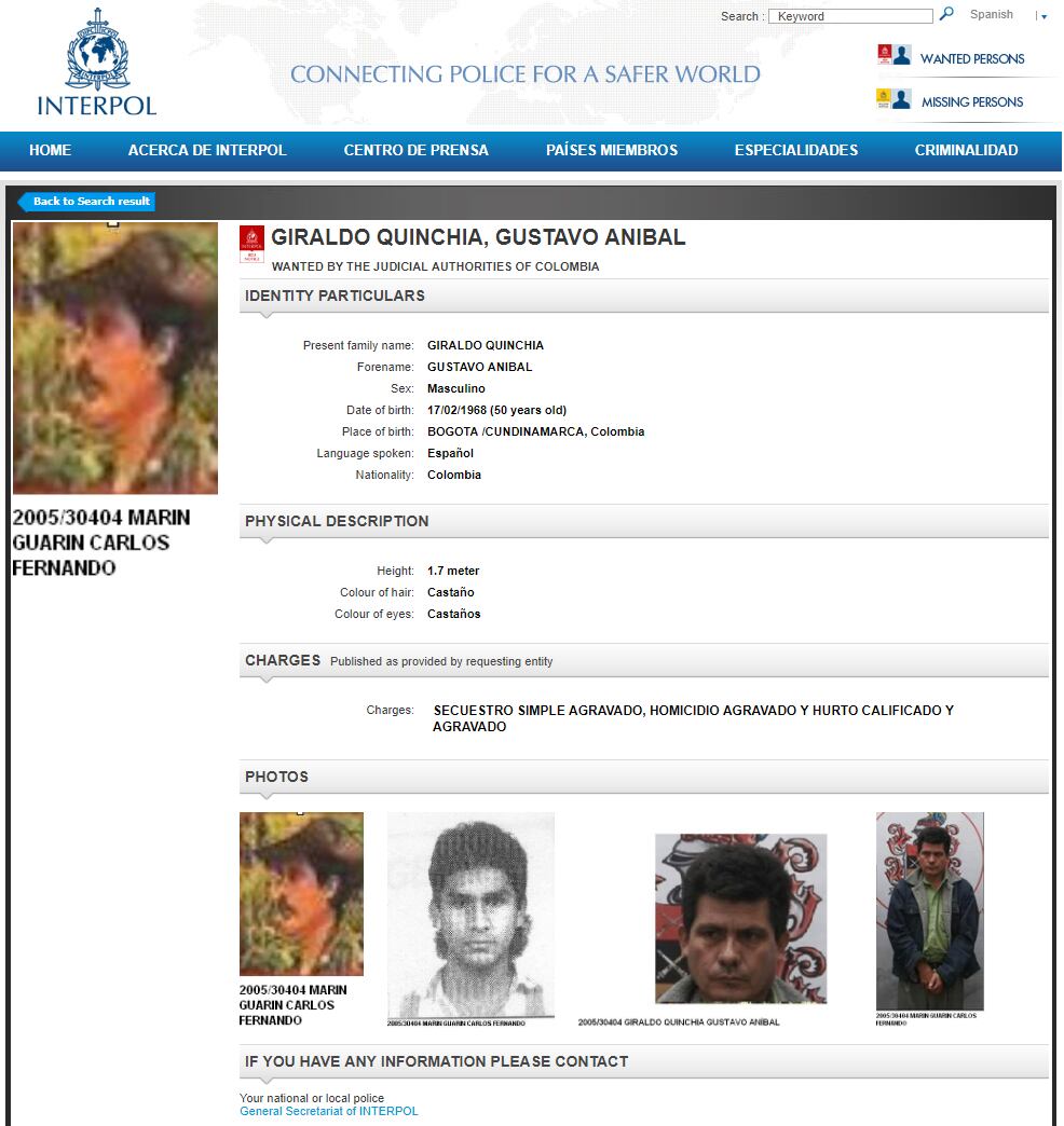 Orden de captura de Interpol contra el guerrillero del ELN Gustavo Giraldo Quinchía, alias Pablito - crédito tomado de Interpol