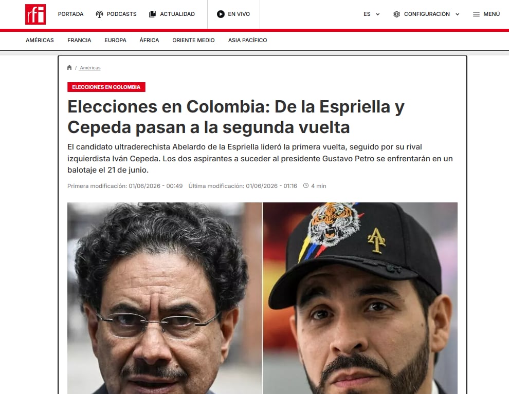Publicación RFI sobre las Elecciones en Colombia - crédito RFI