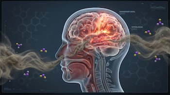 Corte sagital de cabeza humana con cerebro iluminado en áreas de dolor. Humo y moléculas contaminantes (NO2) flotan y entran por la nariz. Fondo biomédico oscuro con patrones químicos.