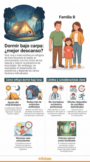 Infografía con la ilustración de una carpa en un bosque nocturno, una familia y seis recuadros con íconos informativos sobre el descanso.