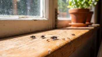 Moscas y mosquitas de diferente tamaño sobre un marco de madera junto a una ventana.