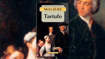 Tapa del libro "Tartufo" de Molière con una pintura clásica de tres personas. El fondo difuminado replica elementos de la pintura.