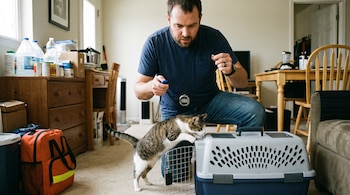 Un hombre se agacha cerca de un gato atigrado que sube a un transportín azul y gris. El hombre sostiene un clicker. Se observan muebles de madera y una mochila