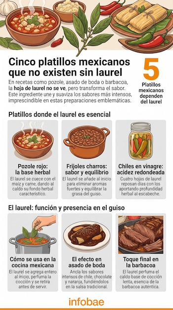 Infografía con ilustraciones de la hoja de laurel, platos mexicanos en tazones y seis recuadros explicativos con texto e imágenes.