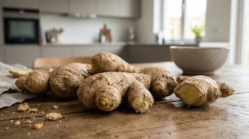 Varias raíces de jengibre, algunas cortadas, se ven sobre una mesa de madera con un paño de lino y migas, y una cocina moderna al fondo.