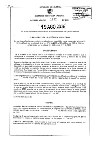 Decreto 1252 de 2026, que confirma la salida de Juan Miguel Huertas del Ejército