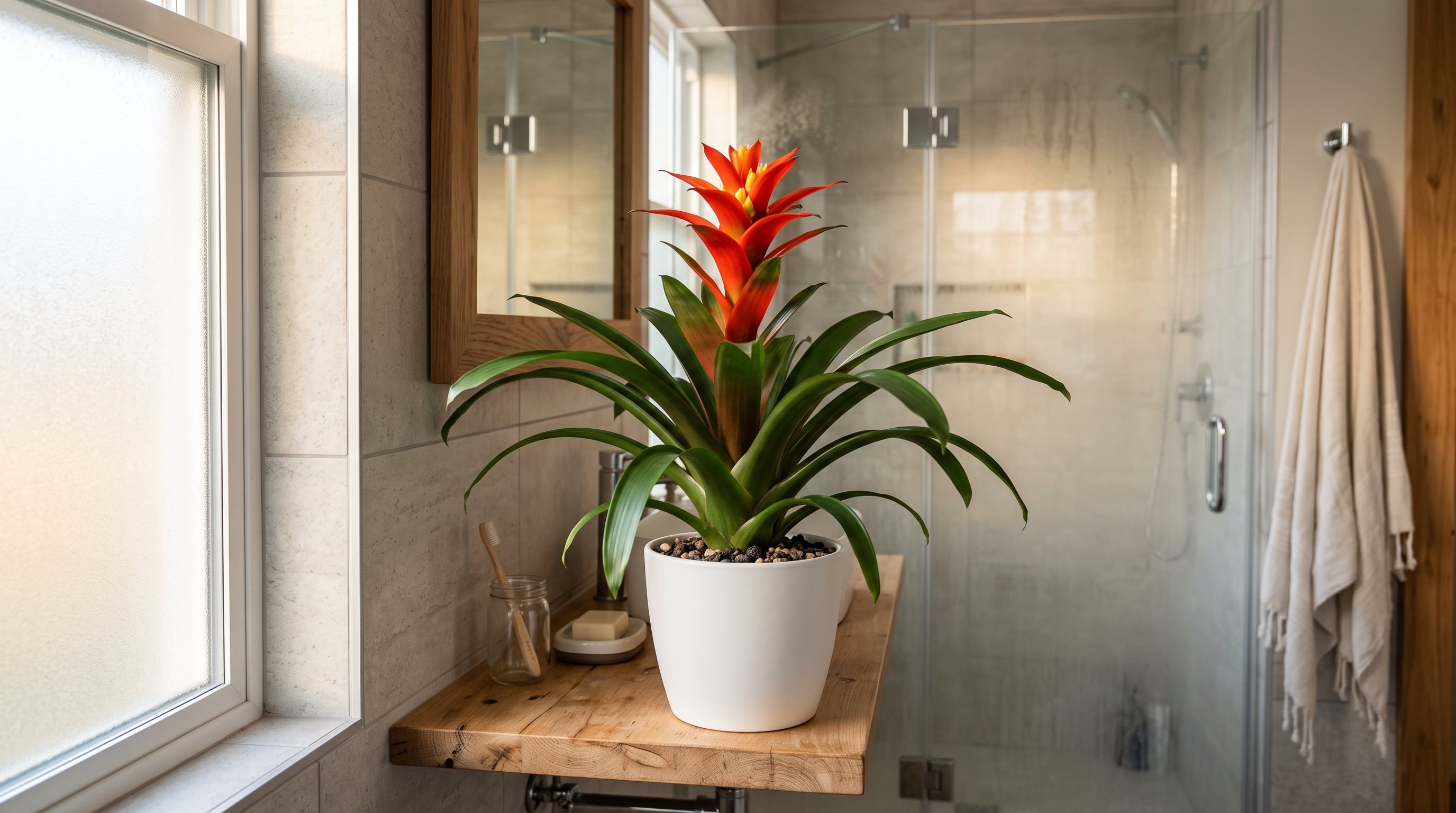 La Guzmania es una bromelia de hojas verdes dispuestas en roseta, con brácteas rojas, naranjas o amarillas que concentran el atractivo visual en el centro de la planta. (Imagen Ilustrativa Infobae)