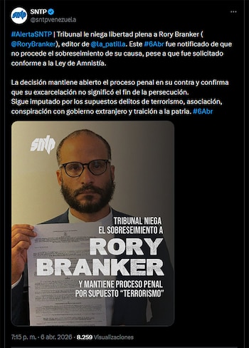 Un hombre con barba y gafas, Rory Branker, sostiene un documento legal con un logotipo, y detrás se lee un texto grande sobre la negación de su sobreseimiento