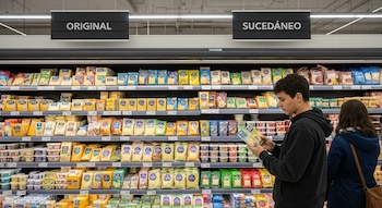 Una estantería de supermercado muestra hileras de productos lácteos envasados, un cartel con "Original" y otro con "Sucedáneo", y dos clientes.