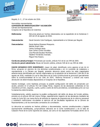 La denuncia radicada el 27 de octubre de 2026 solicita investigar la posible comisión de prevaricato por acción y, de manera subsidiaria, abuso de función pública. - crédito David Cote