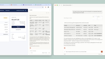 Interfaz de navegador Google Chrome. A la izquierda, plataforma de pagos. A la derecha, asistente Claude con tabla de resumen de facturas