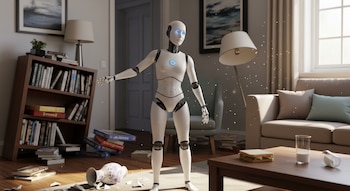 Un robot humanoide blanco de pie en una sala de estar, con un jarrón roto y libros dispersos en el suelo de madera, junto a un sofá y una estantería.