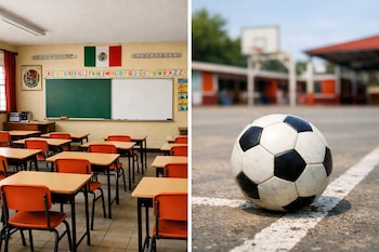 Imagen dividida mostrando a la izquierda un salón de clases vacío con pupitres y una bandera mexicana, y a la derecha un balón de fútbol en una cancha.
