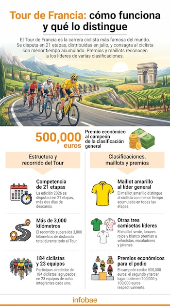 Infografía del Tour de Francia. Muestra ciclistas en carretera, montañas y el Arco del Triunfo. Contiene datos sobre etapas, kilómetros, participantes, maillots y premios económicos.