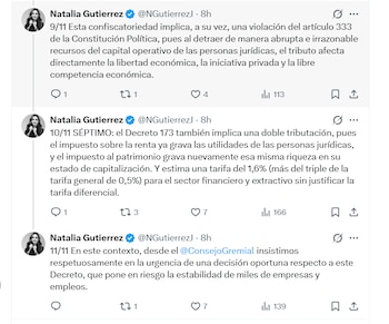 La presidenta del Consejo Gremial también planteó que el impuesto podría implicar una doble tributación, al gravar nuevamente recursos ya sujetos al impuesto sobre la renta - crédito @NGutierrezJ/X