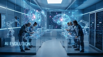 Cuatro ingenieros en un laboratorio futurista con iluminación azul y blanca, interactuando con pantallas holográficas de redes neuronales. Se observan brazos robóticos y gabinetes de servidores.
