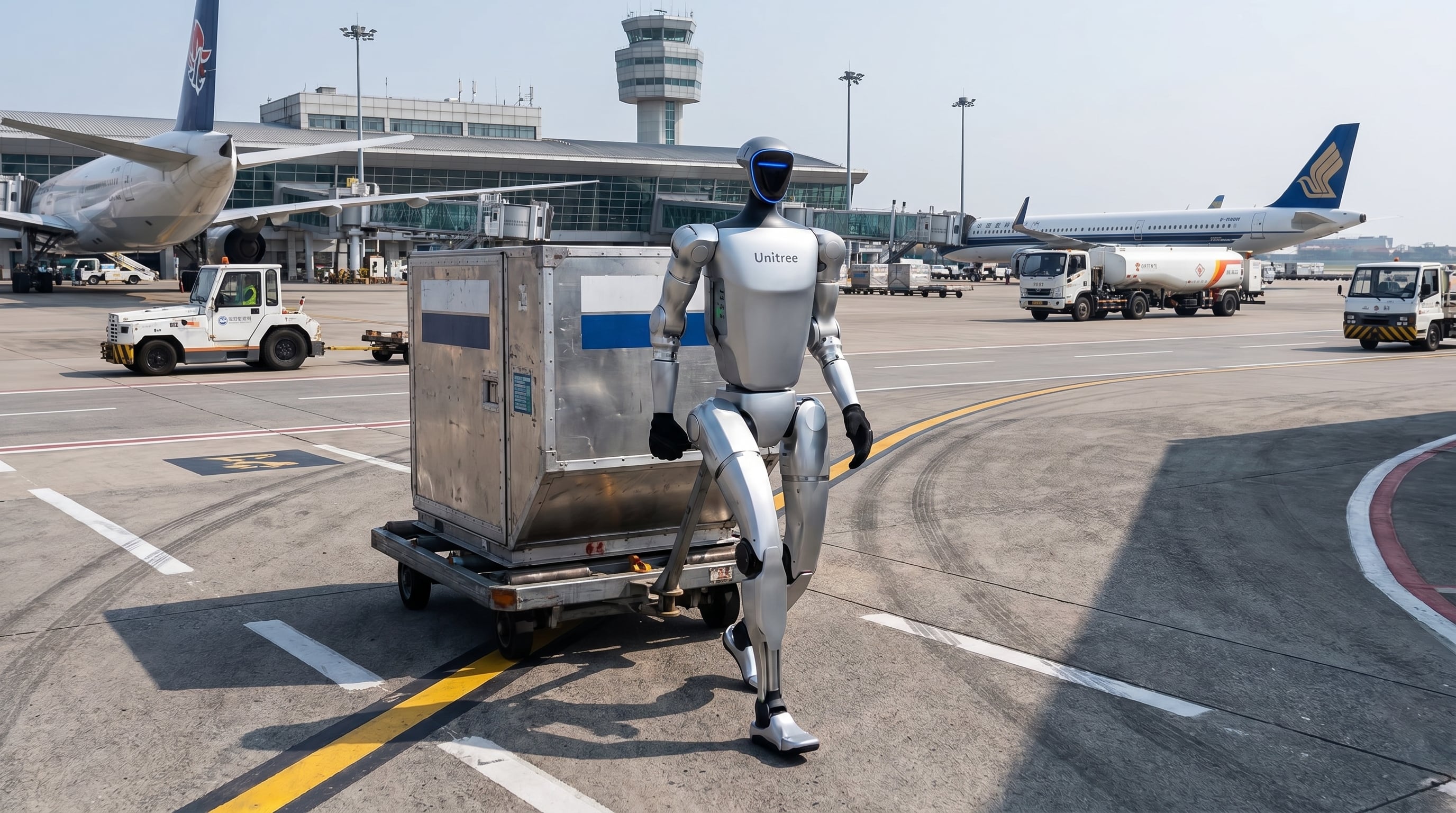 Un robot humanoide de Unitree empuja un contenedor de carga por la pista de un aeropuerto, demostrando el futuro de la automatización en la logística aérea. (Imagen Ilustrativa Infobae)