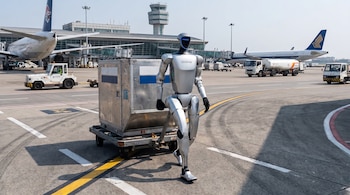 Un robot humanoide Unitree plateado empuja un contenedor de carga por la pista de un aeropuerto, con aviones y edificios terminales al fondo.