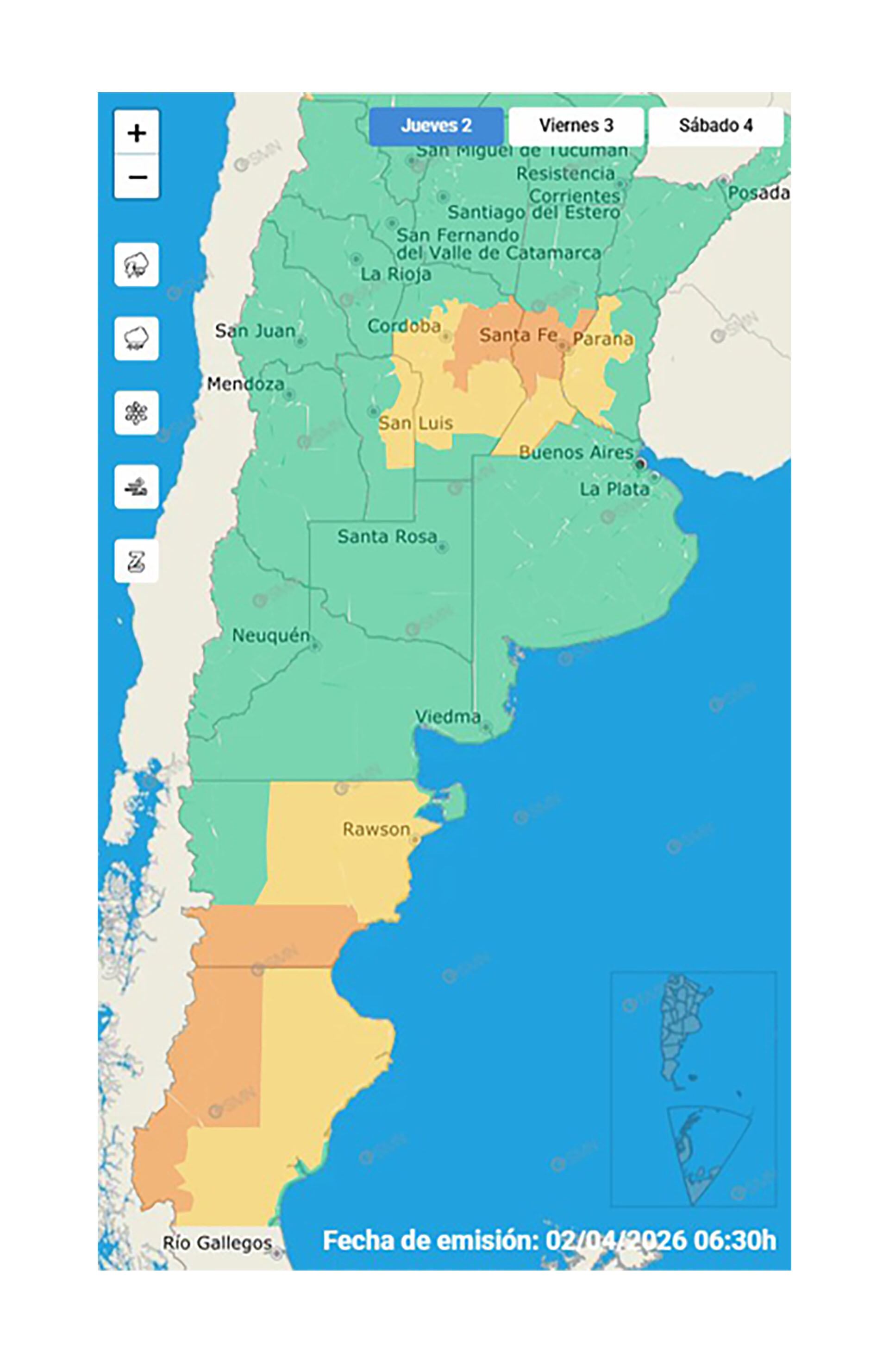 El Servicio Meteorológico Nacional (SMN) emitió su pronóstico para el jueves 2 de abril de 2026, detallando las condiciones climáticas para el inicio de la Semana Santa en Argentina. (SMN)