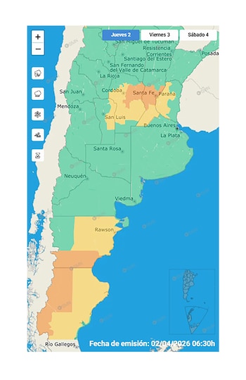 Mapa de Argentina mostrando el pronóstico del tiempo del SMN para el jueves 2 de abril, con áreas en verde, naranja y amarillo, indicando diferentes condiciones climáticas