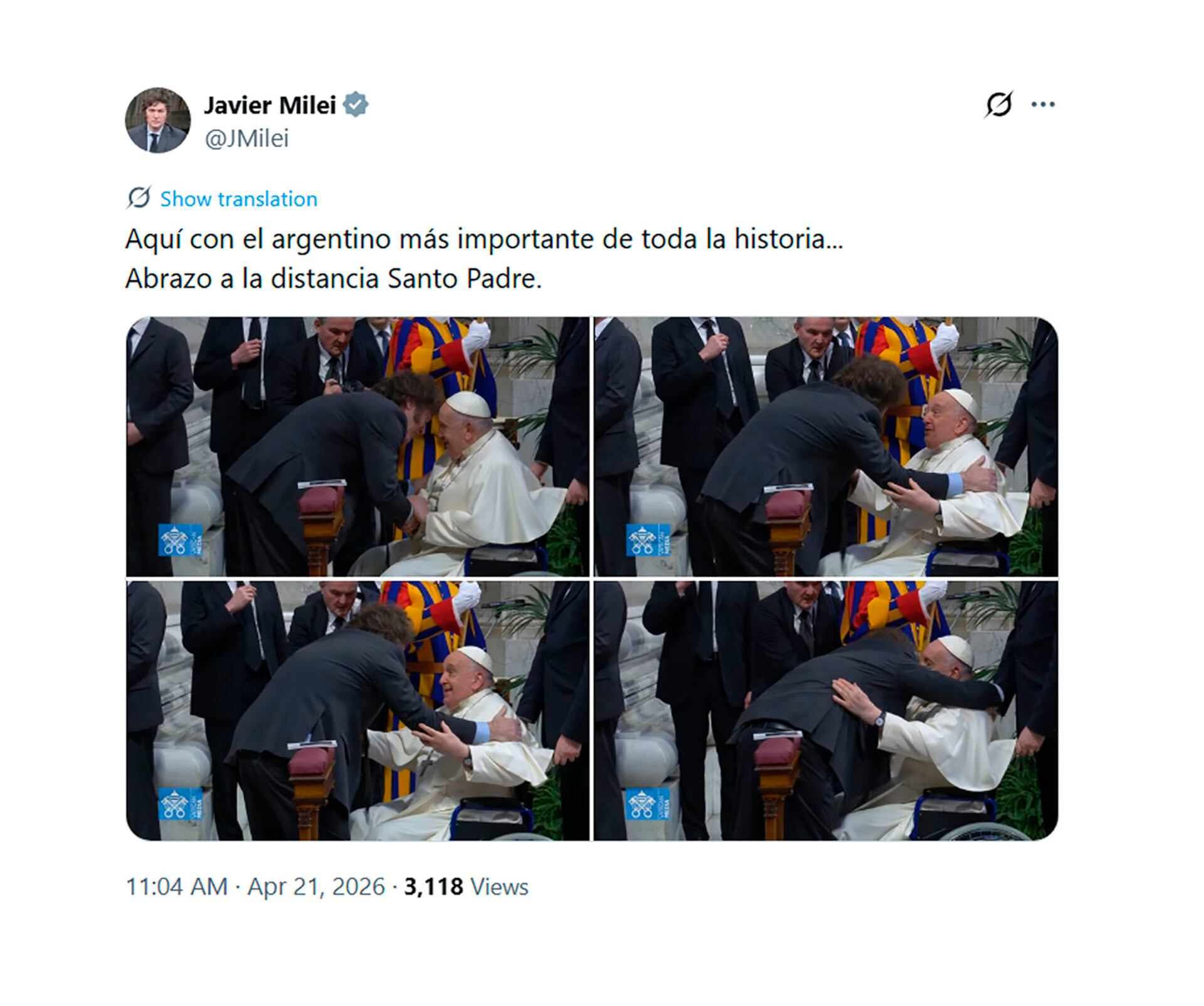 El presidente Javier Milei compartió en redes sociales una serie de imágenes de su emotivo encuentro con el Papa Francisco en el Vaticano, donde se le ve abrazando al Sumo Pontífice, quien está en silla de ruedas. (X)