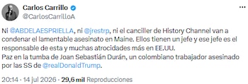 Carlos Carrillo utilizó sus redes sociales para criticar la ausencia de condena pública y apuntar contra autoridades estadounidenses por la muerte del joven colombiano - crédito @CarlosCarrilloA/X
