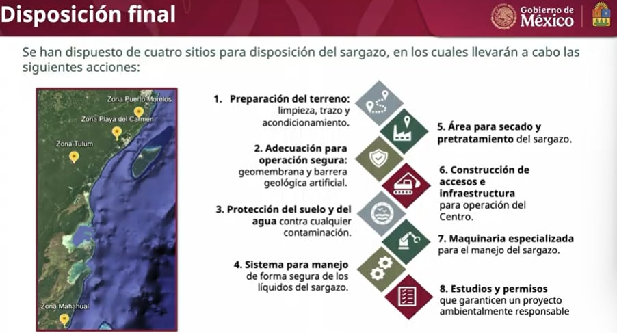 El Gobierno de México detalla los cuatro sitios de disposición final de sargazo en la costa de Quintana Roo y los pasos para su gestión. (Presidencia)