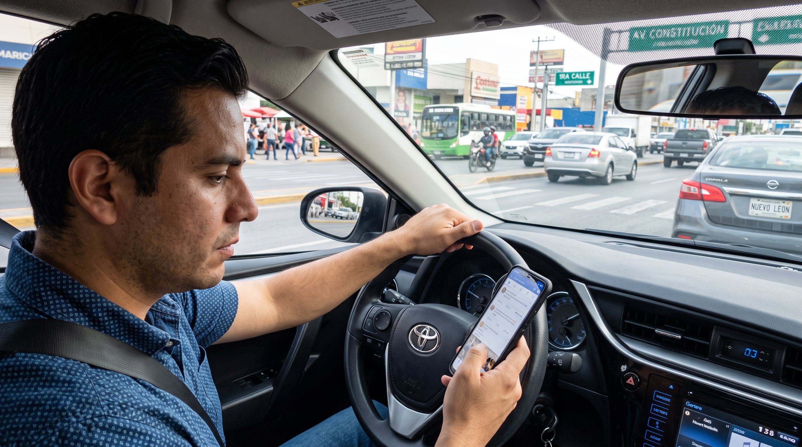 Un hombre revisa su teléfono celular mientras conduce un automóvil en medio del tráfico urbano. (Imagen Ilustrativa Infobae)