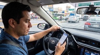 Un hombre con camisa azul mira la pantalla de un teléfono celular mientras sostiene el volante de un automóvil.