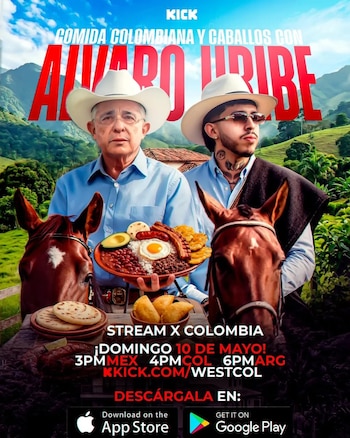 El creador de contenido y streamer Westcol entrevista en vivo a Álvaro Uribe el 10 de mayo para impulsar el debate político digital en Colombia - crédito Westcol