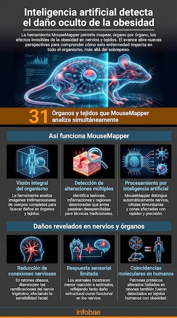 Infografía sobre IA detectando daños por obesidad; muestra un ratón translúcido, diagramas de análisis integral y efectos en nervios y tejidos.