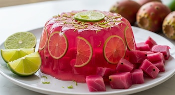 Una gelatina de color rosa brillante en forma de molde, decorada con rodajas de lima y ralladura, servida en un plato blanco con gajos de lima y cubos de tuna rosa a un lado.