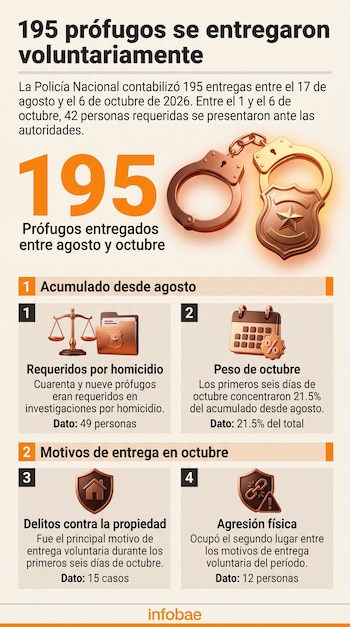 Infografía de Infobae sobre entregas voluntarias de prófugos con íconos de esposas, placa policial, balanza de justicia y un calendario.