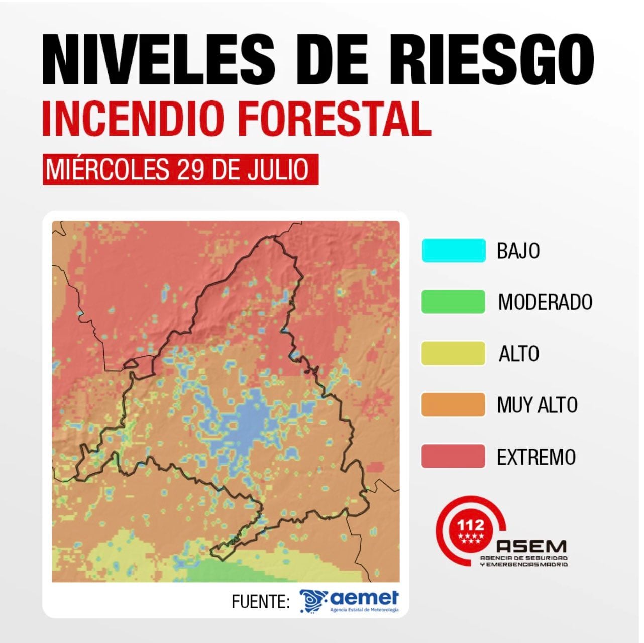 Riesgo de incendios en la Comunidad de Madrid este miércoles 29 de julio. (112 Comunidad de Madrid)