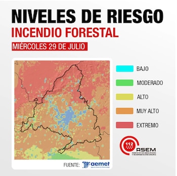 Riesgo de incendios en la Comunidad de Madrid este miércoles 29 de julio. (112 Comunidad de Madrid)