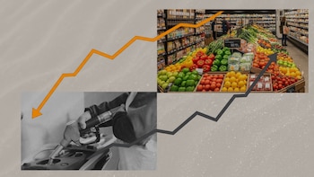 La anomalía en la inflación en España: los precios de la energía bajan tras etapas de alta inflación, los alimentos no. (Montaje Infobae)