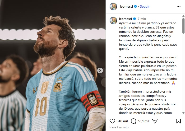 La carta que Messi publicó en Instagram