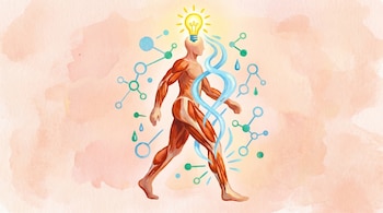 Ilustración acuarela de un cuerpo humano musculoso con una bombilla en la cabeza, hélice de ADN y moléculas. Fondo de acuarela melocotón.