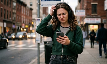 Mujer joven con cabello rizado, vistiendo sudadera verde y auriculares, sosteniendo un teléfono móvil con expresión de confusión en una calle urbana con edificios de ladrillo y vehículos en el fondo